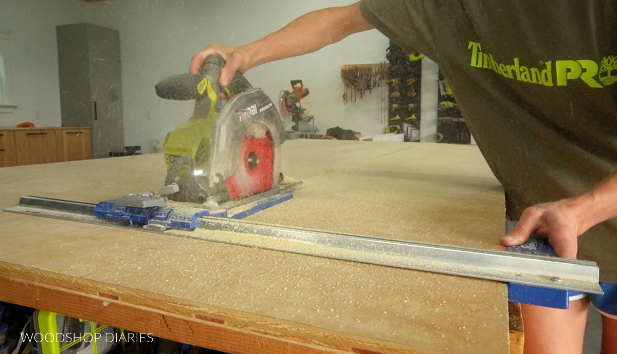 Using a circular saw and Kreg Rip Cut to cut down plywood sheet