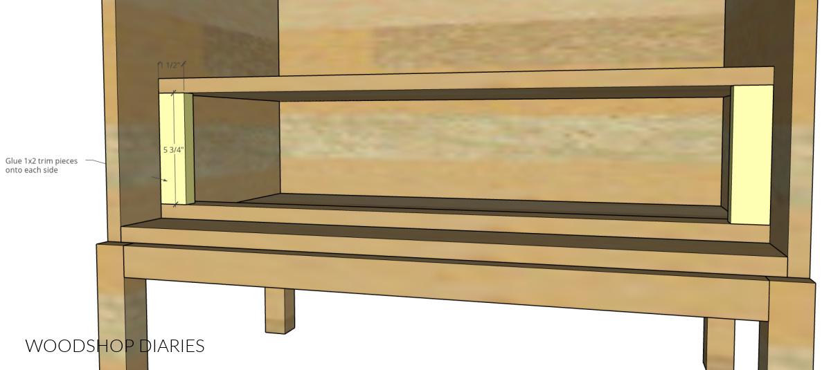 Diagram showing side trim location on each side of drawer