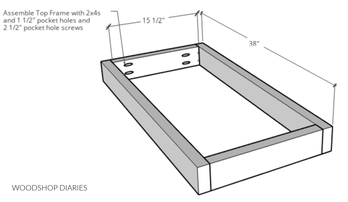 Main lid frame assembly diagram showing 2x4s assembled in a rectangle using pocket holes and screws