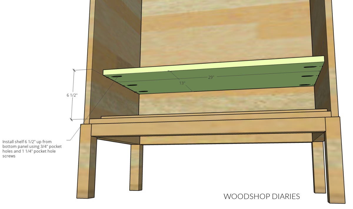 Diagram showing stationary shelf in display cabinet above drawer