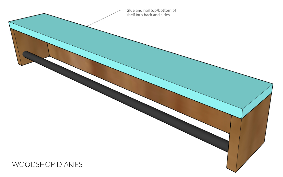Diagram showing how to install the top of wall shelf