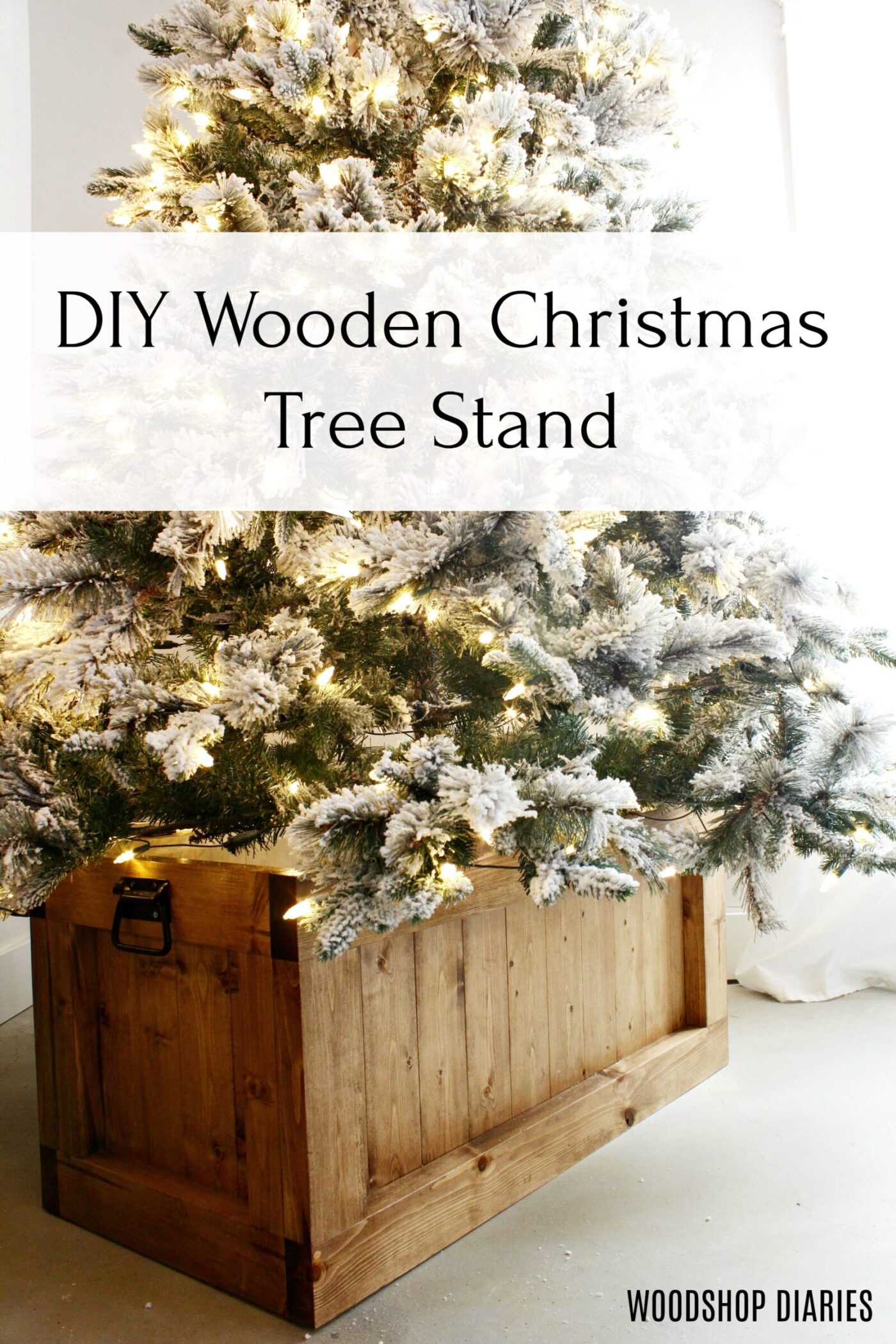 Christmas tree inside wooden tree skirt box stand with text "DIY Wooden Christmas Tree Stand" pinterest image