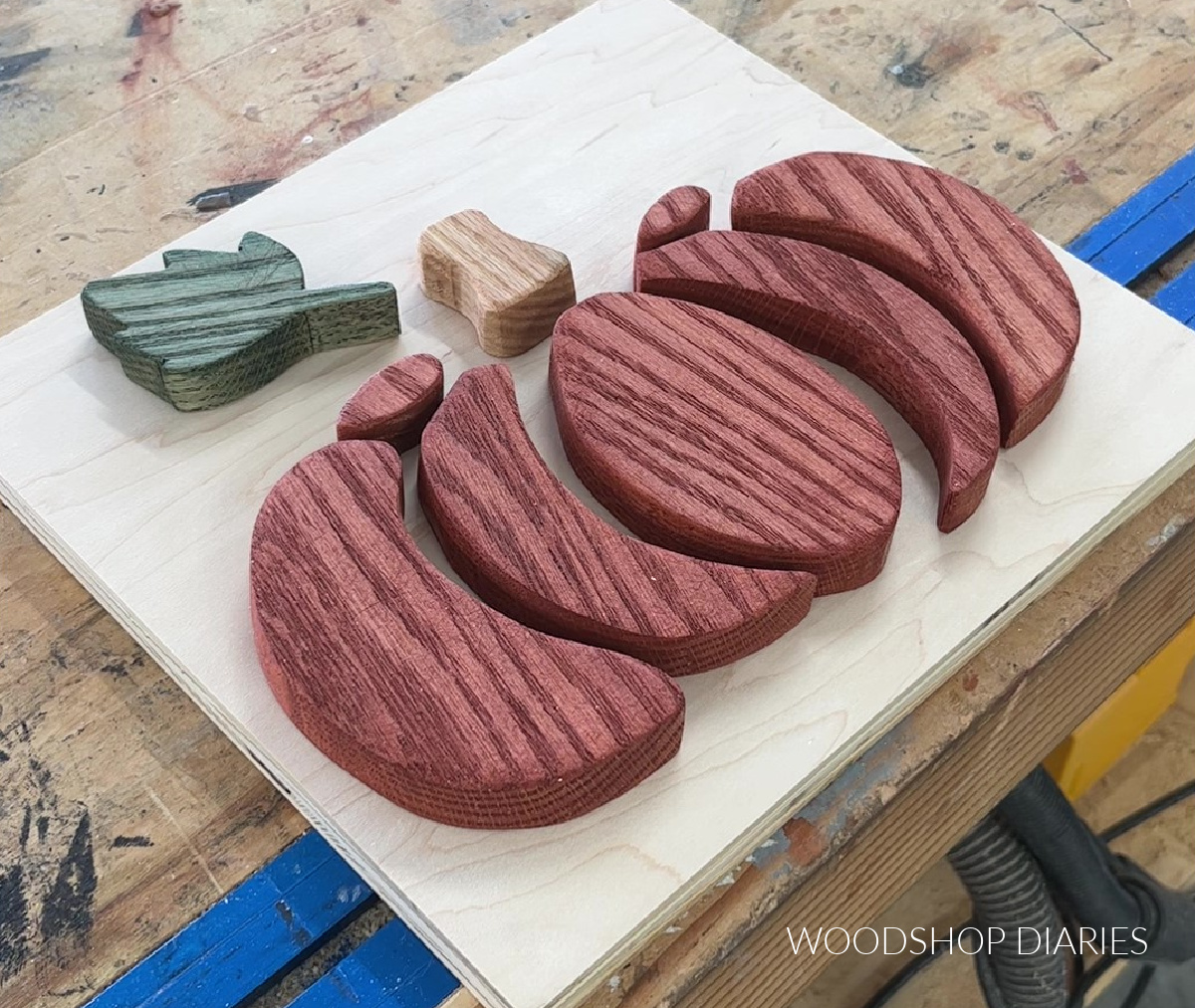 Pieces of pumpkin cut out sanded and stained ready to be glued