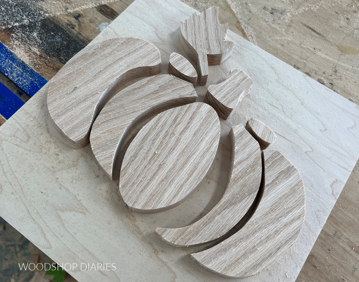 Red oak pumpkin pieces cut and laid out on plywood