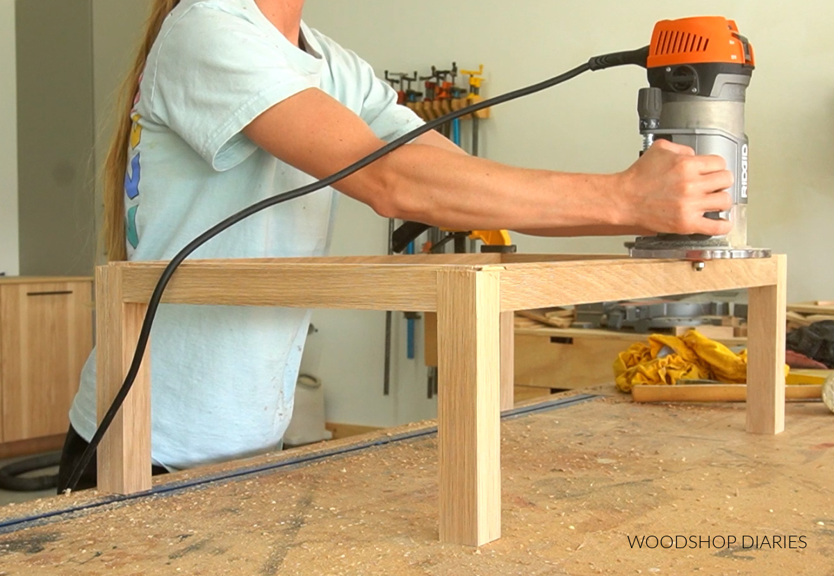 Shara Woodshop Diaries routing rabbet on top edge of cabinet base