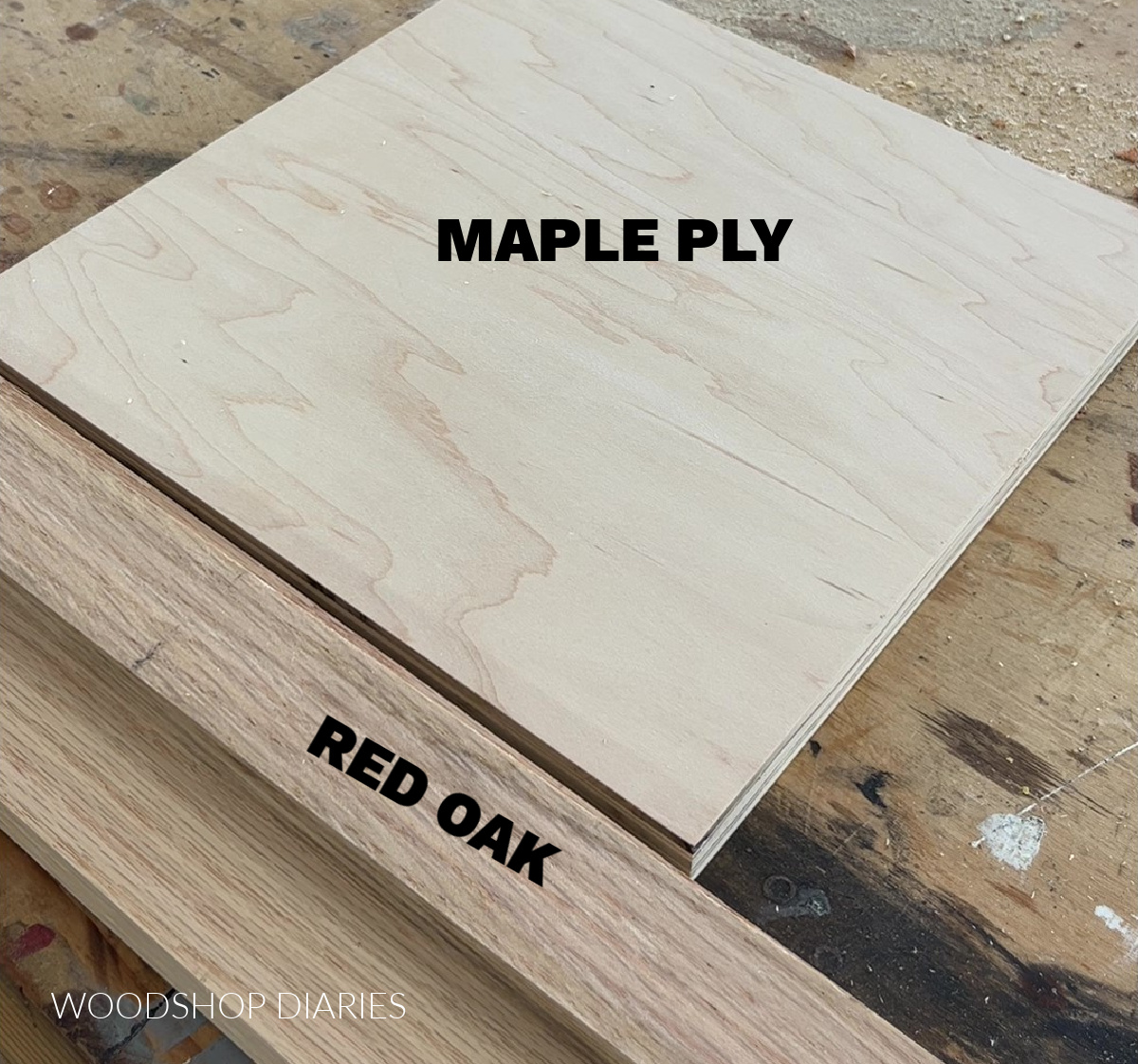 Maple plywood square and red oak scrap boards laying on workbench surface
