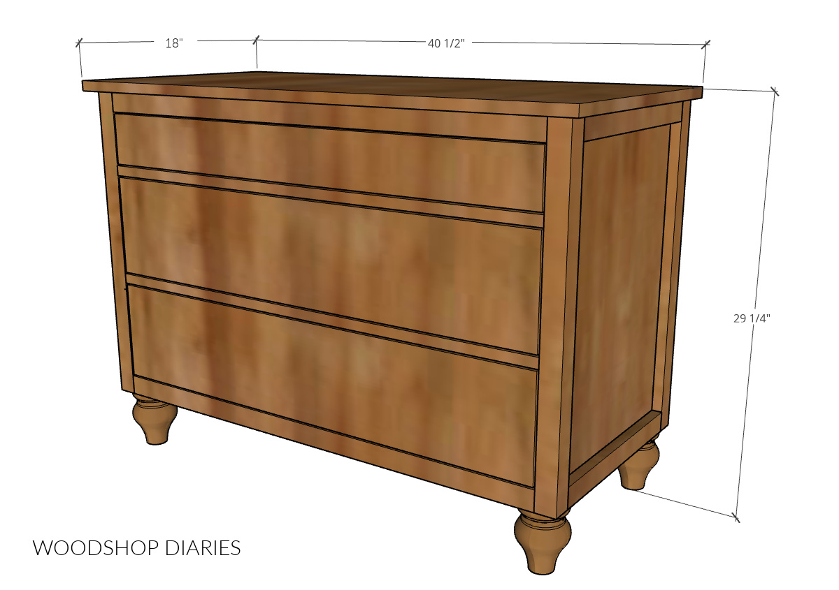 Overall dimensional diagram of simple 3 drawer dresser
