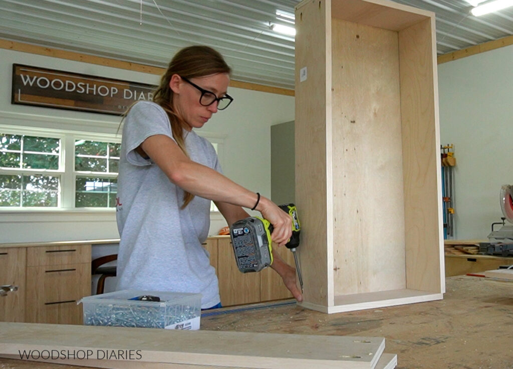 Shara Woodshop Diaries assembling drawer box using pocket holes on workbench