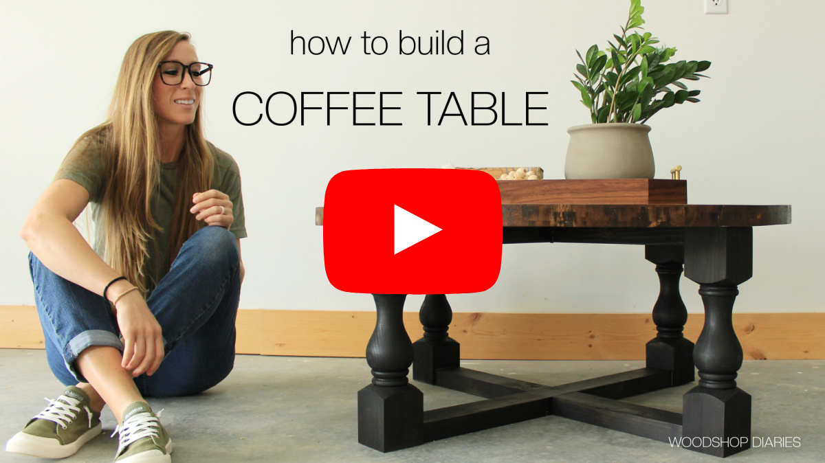 faux youtube thumbnail image showing Shara Woodshop Diaries next to coffee table