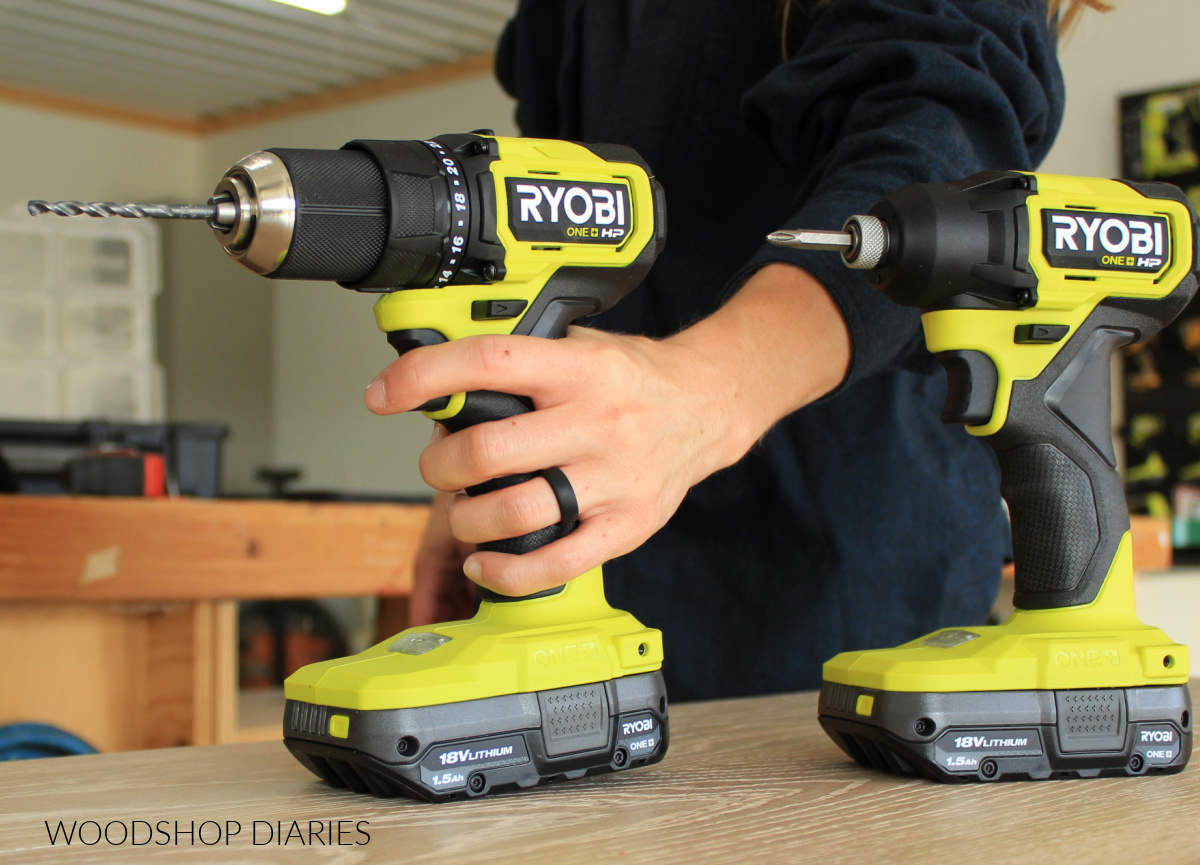 Close up of Ryobi drill driver on top of dresser