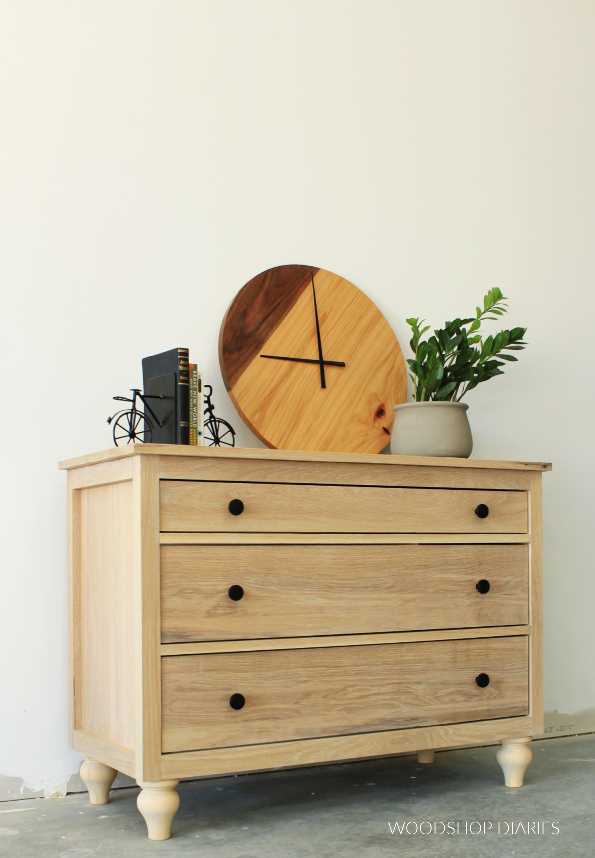 Small white oak DIY 3 drawer dresser project with apple shaped feet