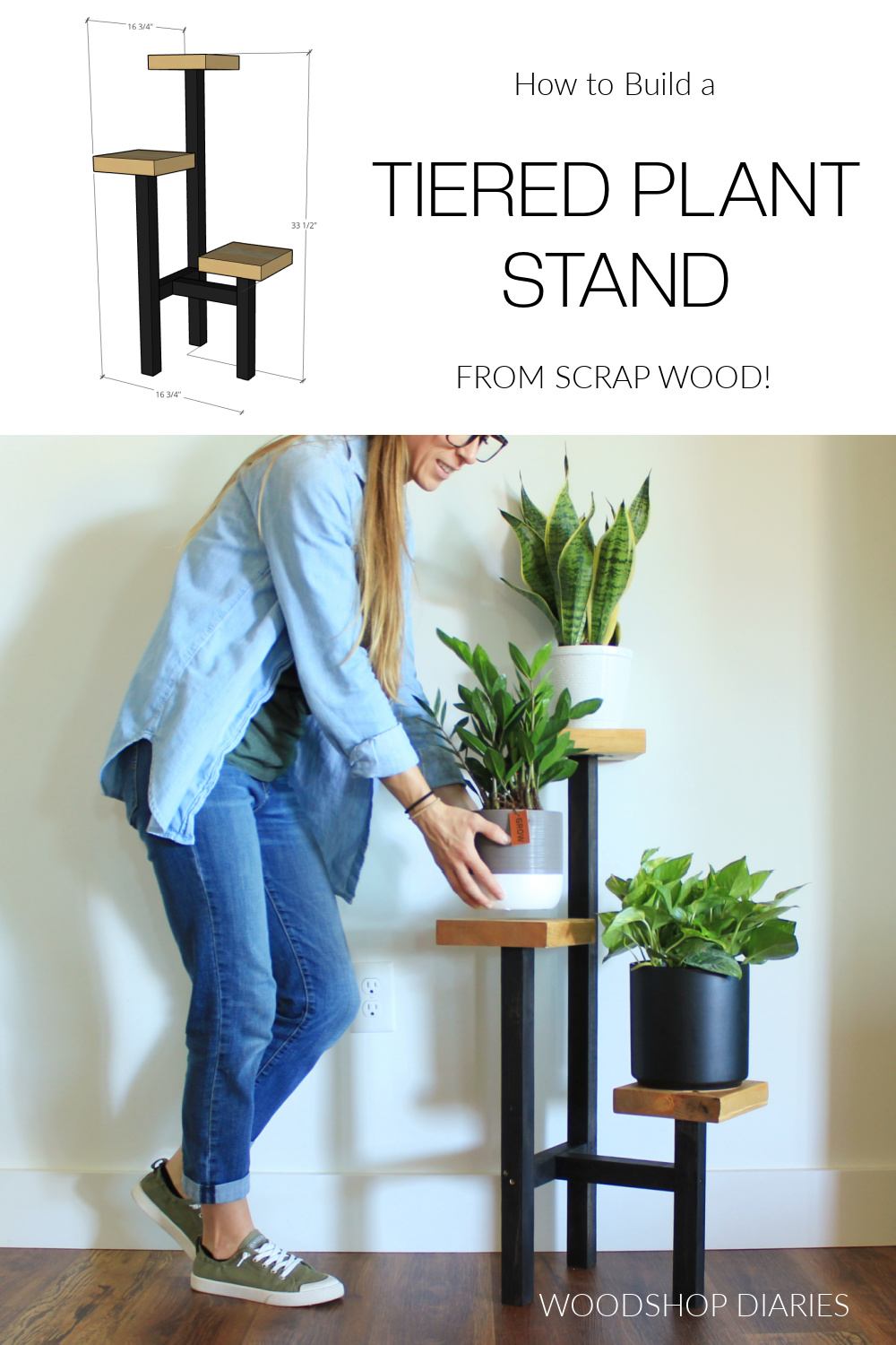 Pinterest collage image showing Shara setting plant on stand at bottom and overall dimensional diagram at top with text "how to build a tiered plant stand from scrap wood"