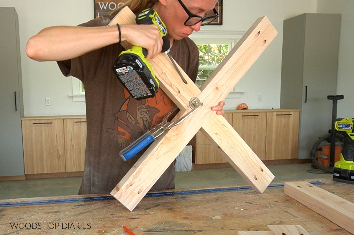 Shara Woodshop Diaries assembling X braces using pocket holes and screws