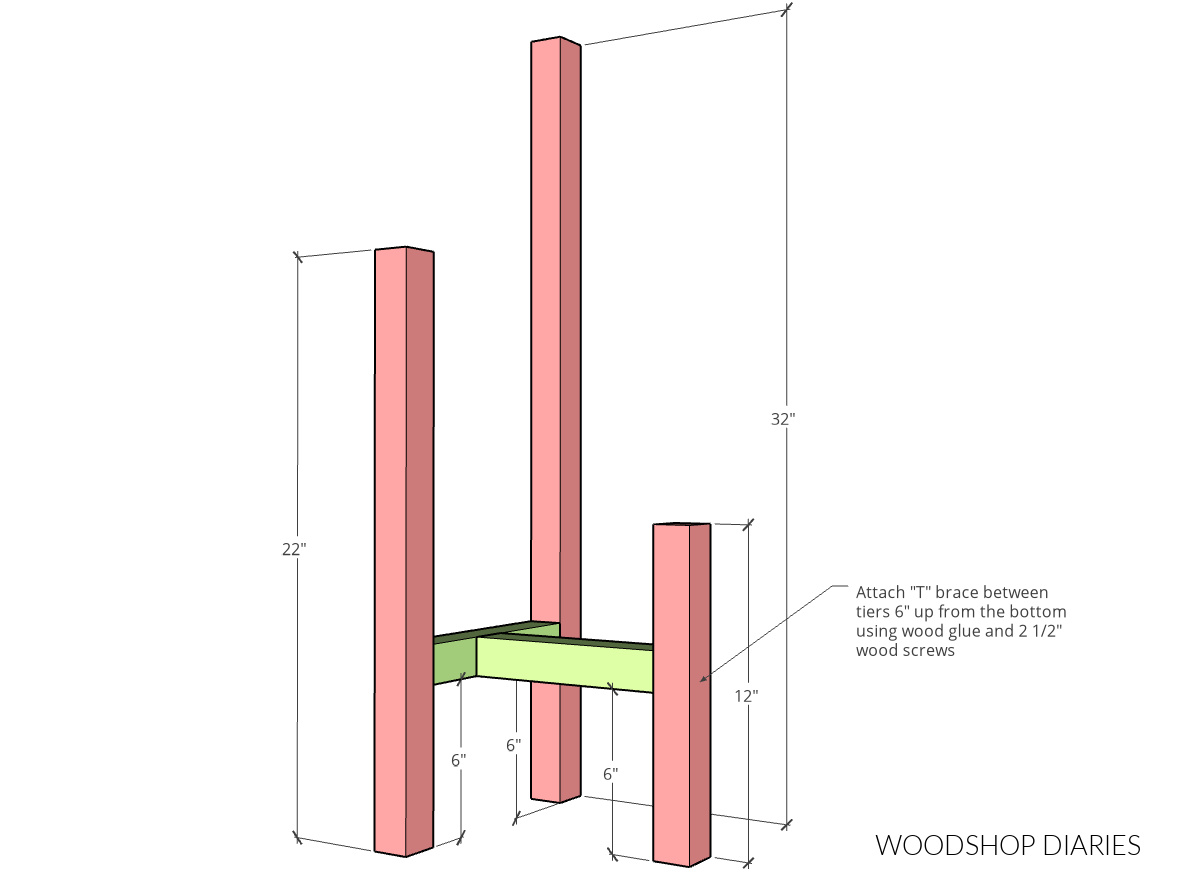 Dimensional diagram of 2 tier plant stand posts assembled onto T brace