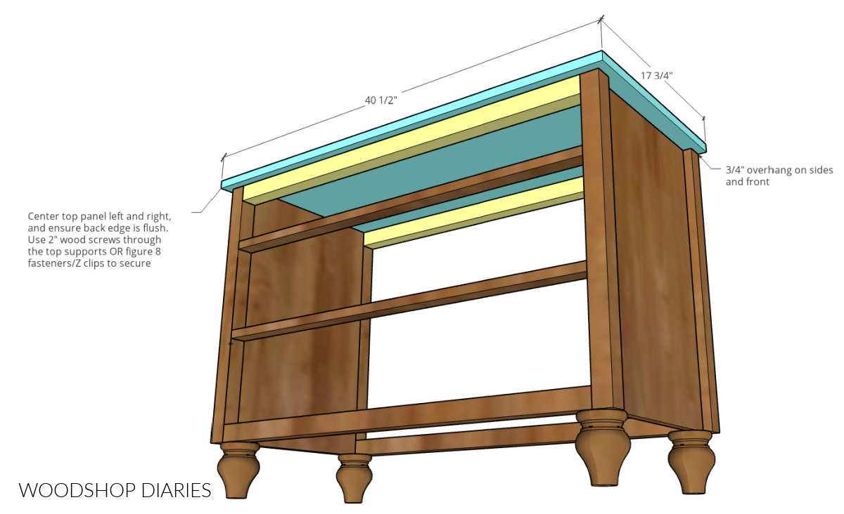 Diagram showing how to attach the top to the dresser frame