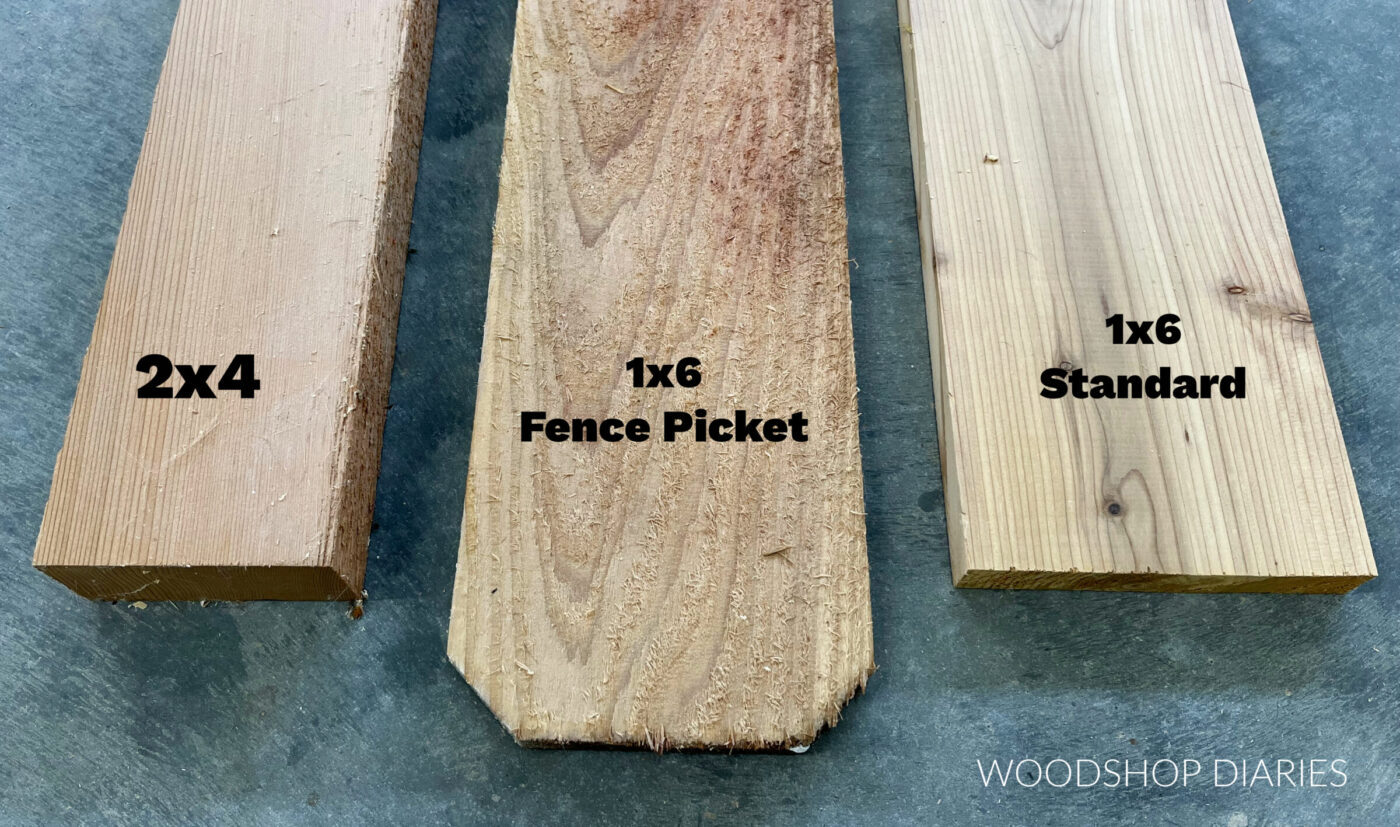 cedar 2x4, fence picket and 1x6 board laid side by side to compare