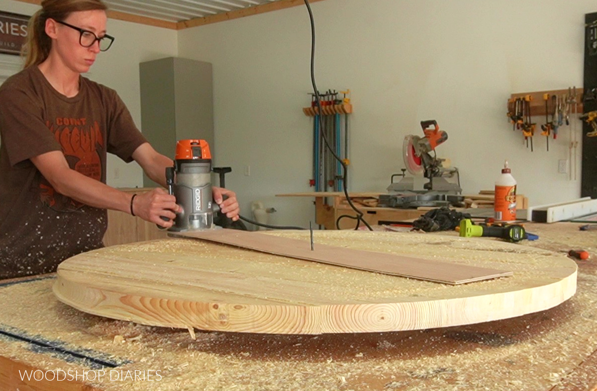 Shara Woodshop Diaries cleaning up round table top edges using router and circle jig