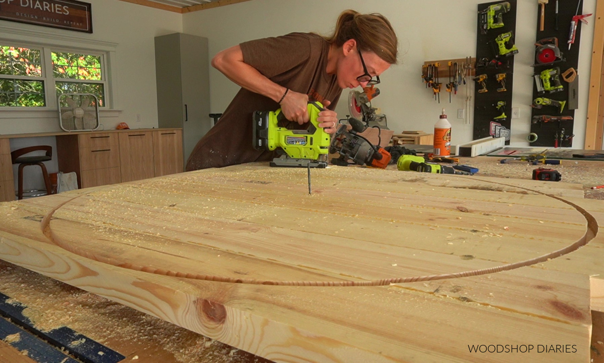 Shara Woodshop Diaries using jig saw to cut inside router grooves on table top