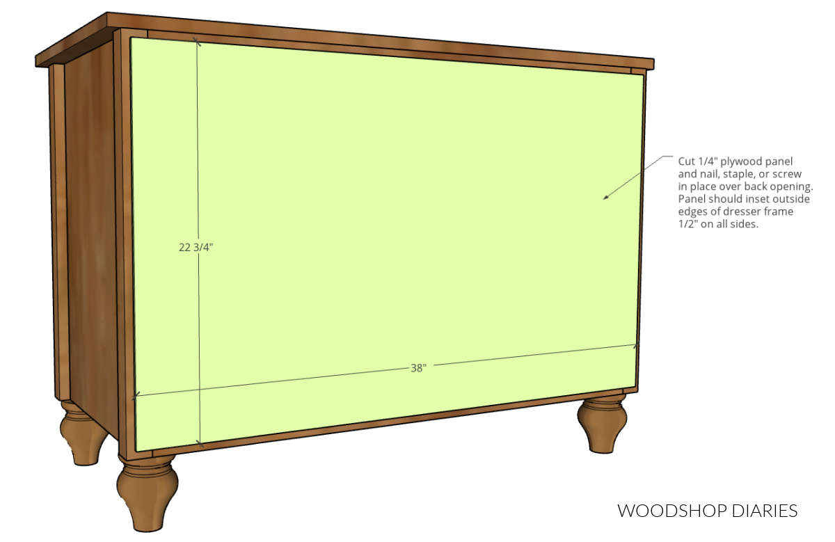 Diagram showing overall size of back panel and how to install onto simple 3 drawer dresser