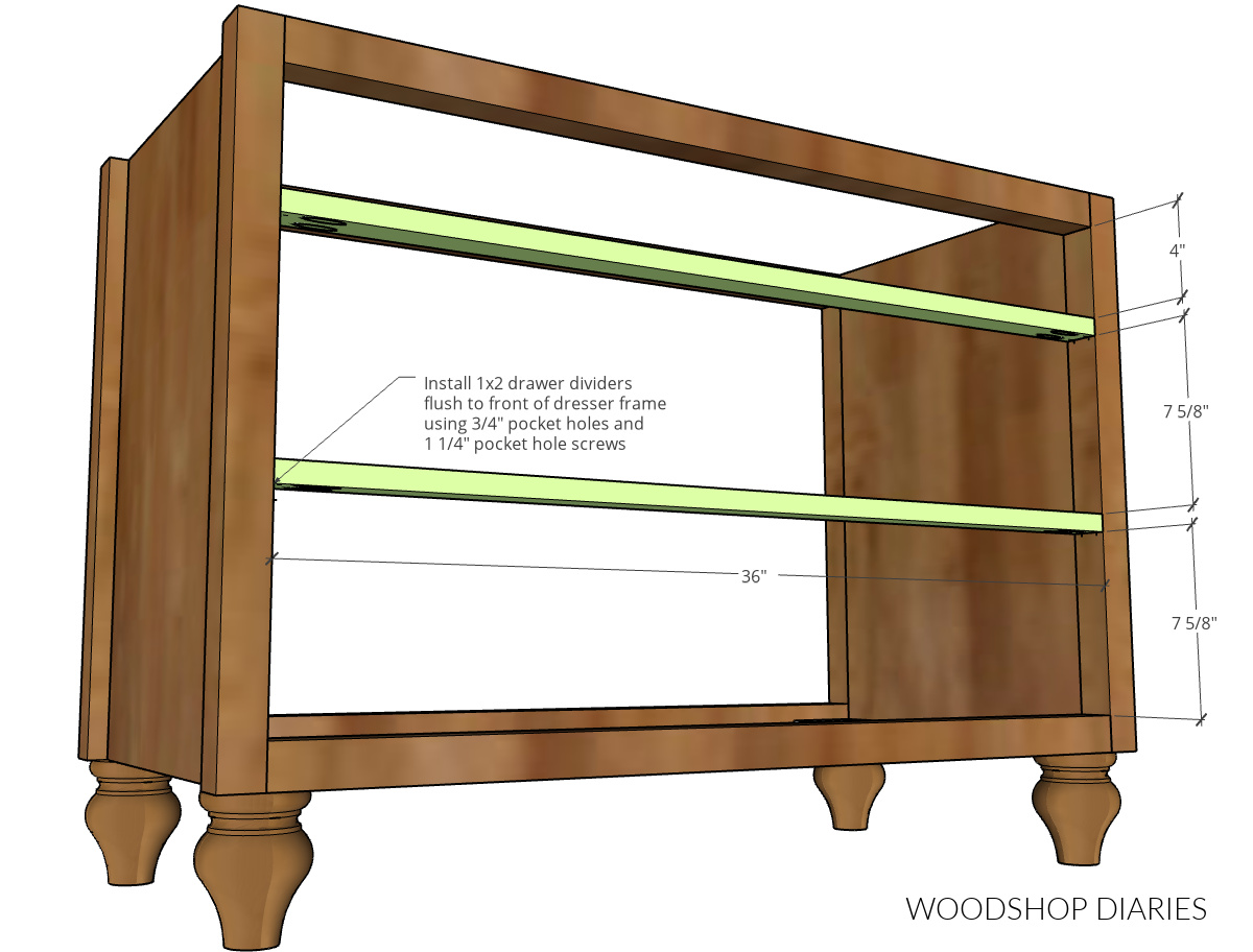 Diagram showing where to install drawer dividers into 3 drawer dresser frame