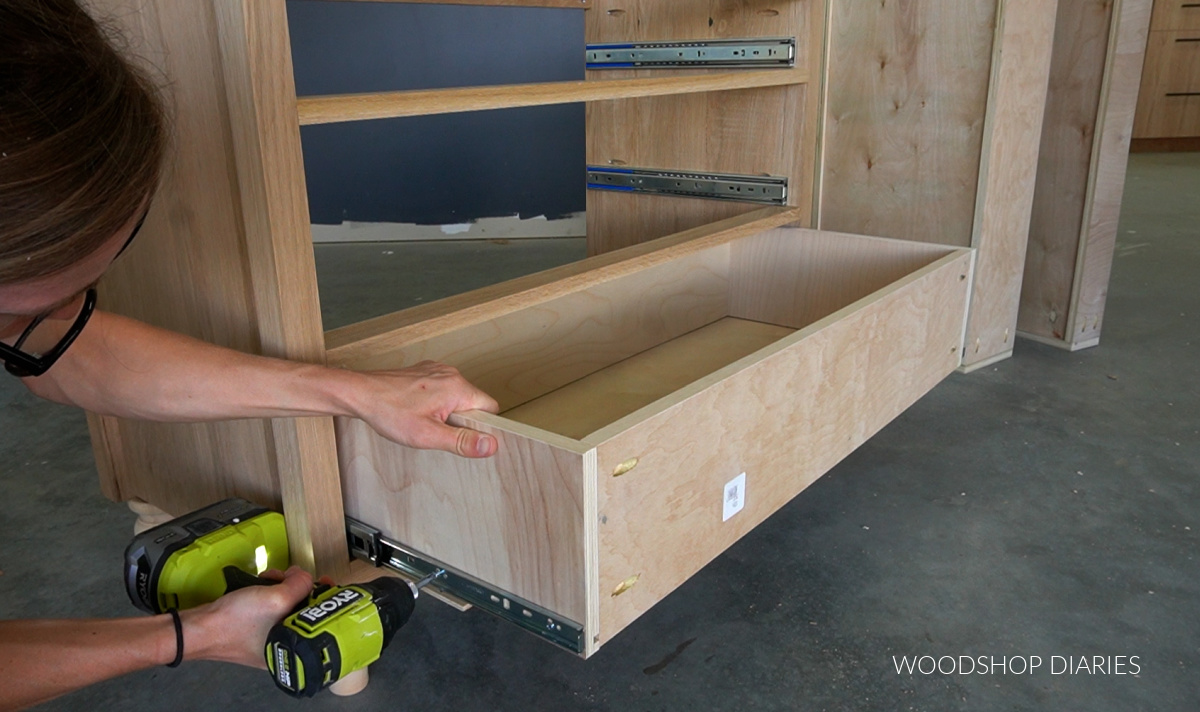 Shara Woodshop Diaries installing drawer boxes into dresser frame