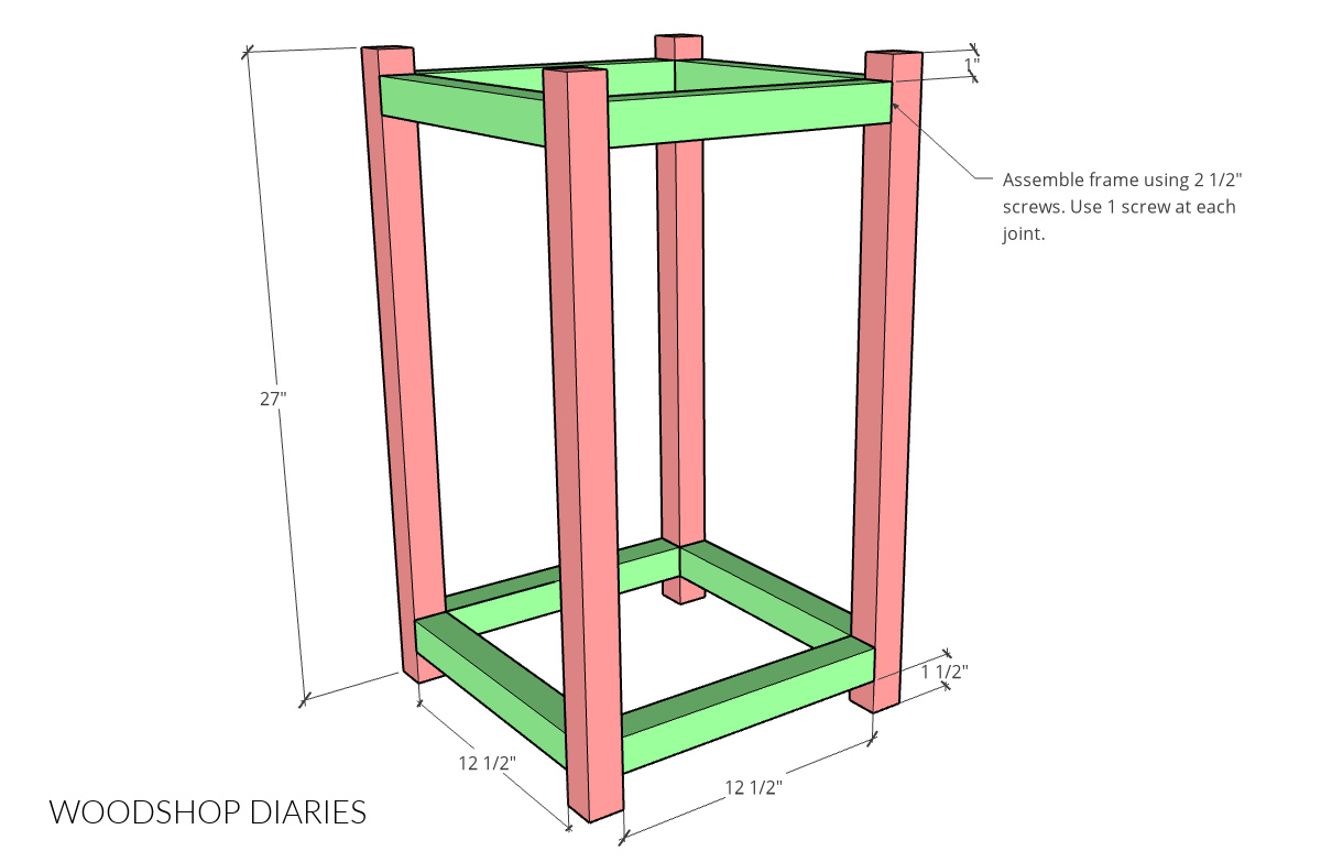 Diagram showing how to assemble planter box frame using 2x2s
