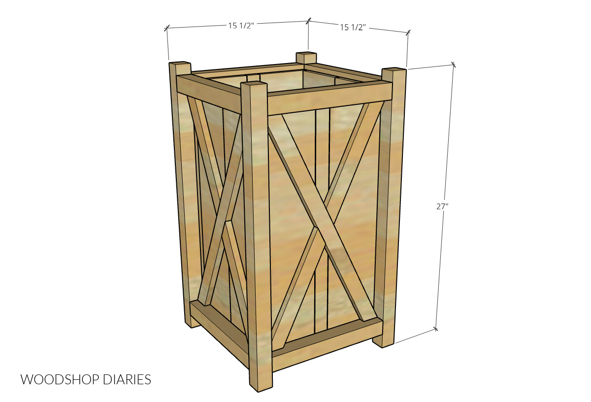 Overall dimensions of DIY wooden planter box with X trim--27" tall x 15 ½" square