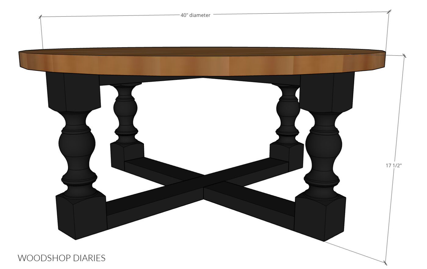 Overall dimensional diagram of coffee table with decorative legs