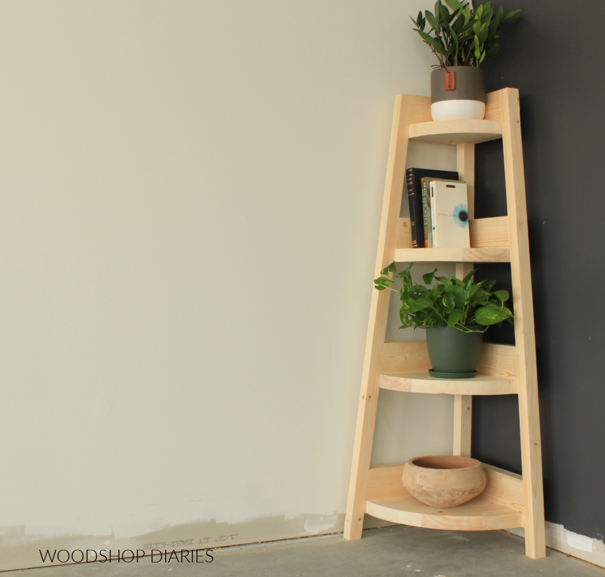 Solid Wood Corner Bookshelf , Small Shelving Unit , Minimalist