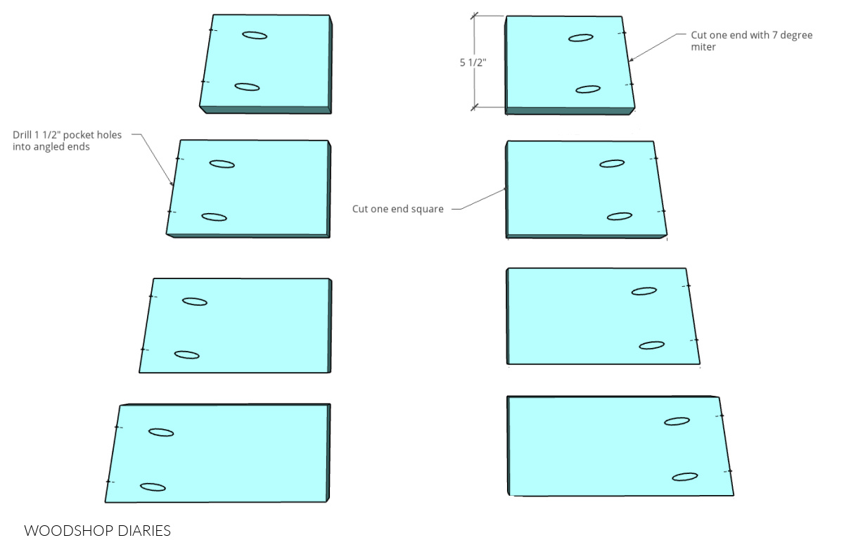 Diagram of shelf slats showing location of mitered ends and pocket holes