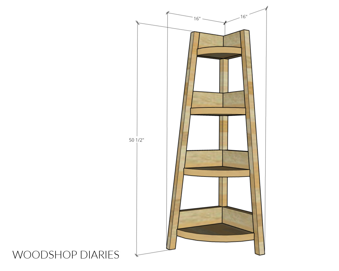Overall dimensional diagram showing dimensions of corner shelf-16" x 16" x 50 ½"