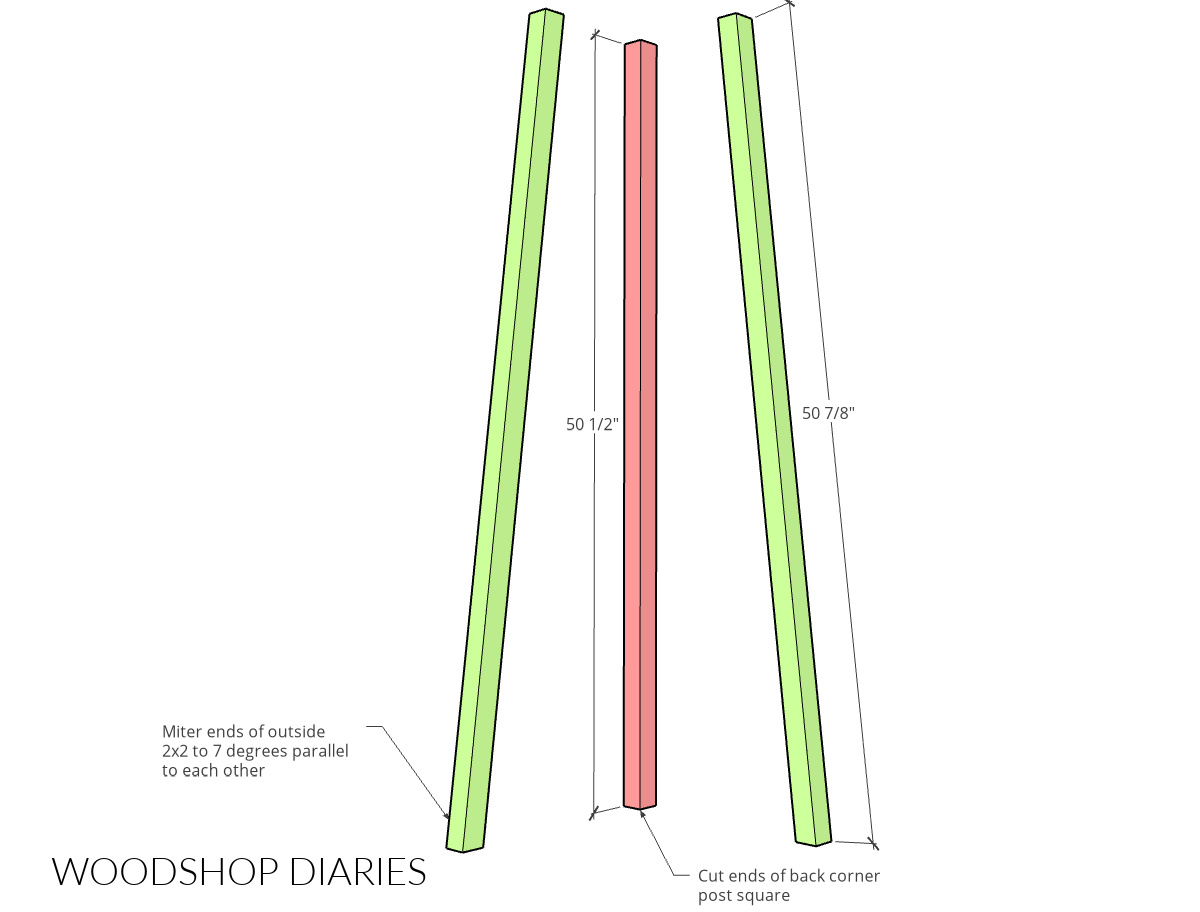 Diagram of corner shelf posts showing dimensions and angles to be cut