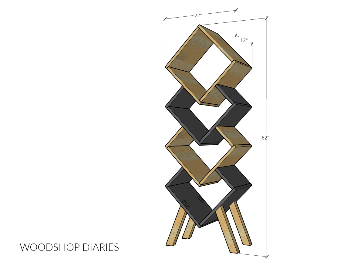 Overall dimensional diagram showing geometric bookshelf sizing