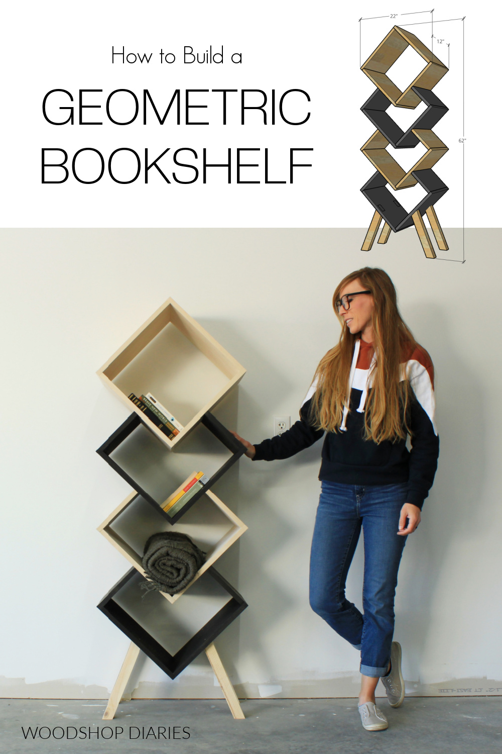 Pinterest image collage showing Shara Woodshop Diaries with bookshelf on bottom and overall sizing diagram at top with text "how to build a geometric bookshelf" 