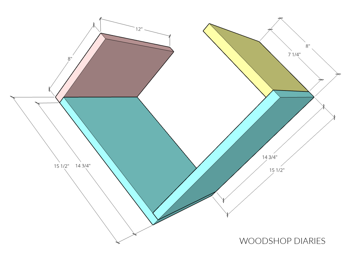 Dimensional diagram of partial geometric bookshelf box assembly