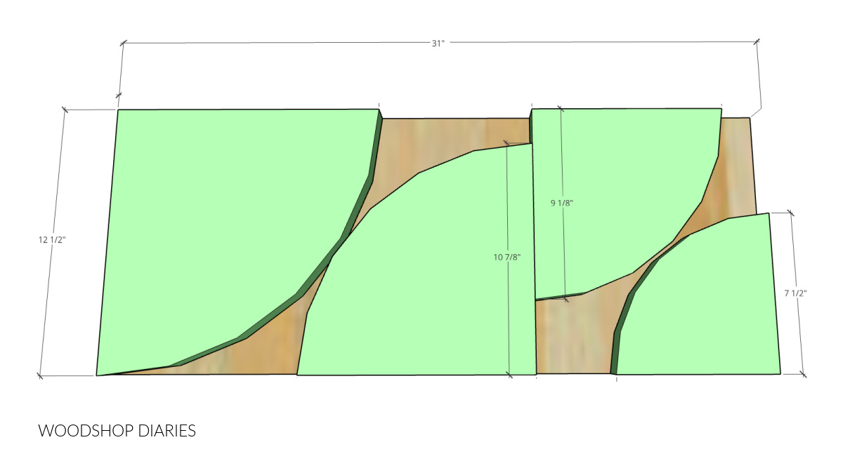 Diagram showing curve dimensions to cut for each shelf section