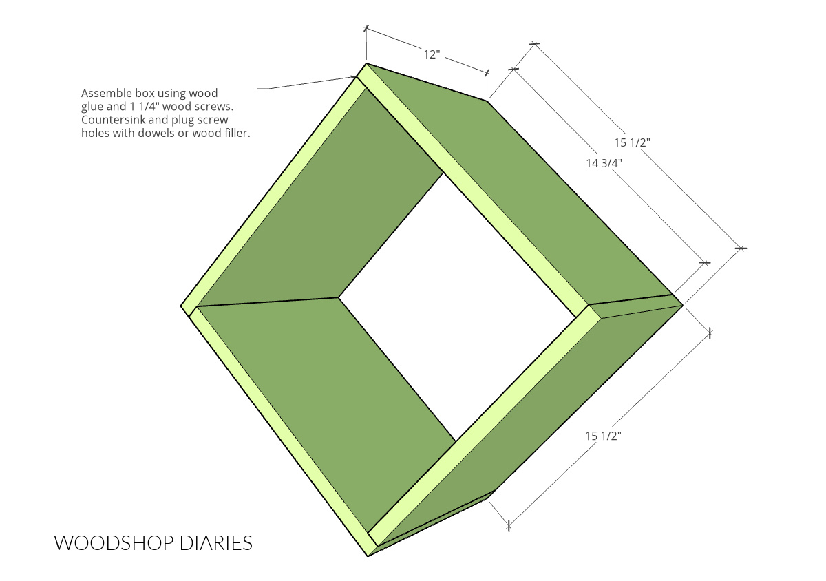 Diagram showing dimensions of geometric shelf top box