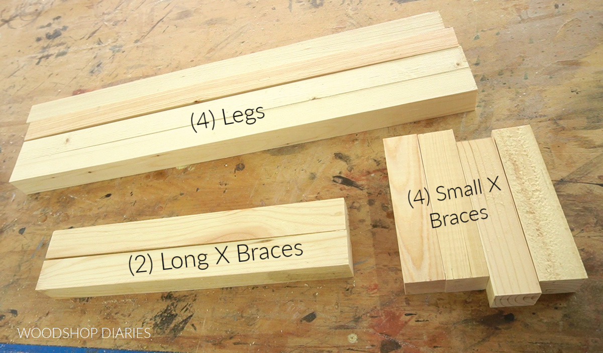 2x2s cut to size to assemble plant stand frame laid out on workbench