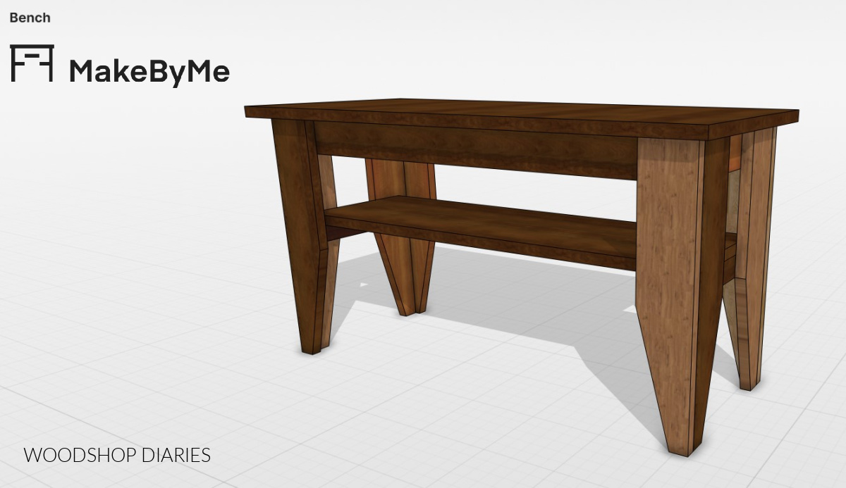 Computer drawing showing the completed bench project from MakeByMe