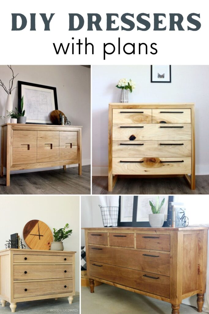 Image collage of four DIY dressers with text overlay "DIY dressers with plans"