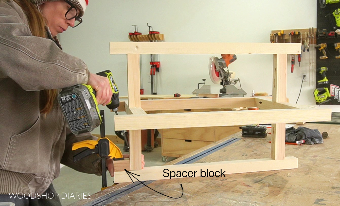 Shara Woodshop Diaries assembling plant stand frame using spacer block