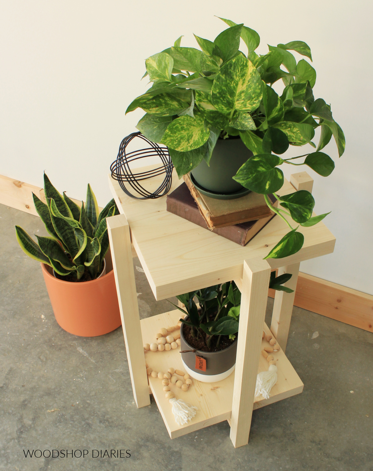 Plants displayed on simple side table with top and bottom shelf