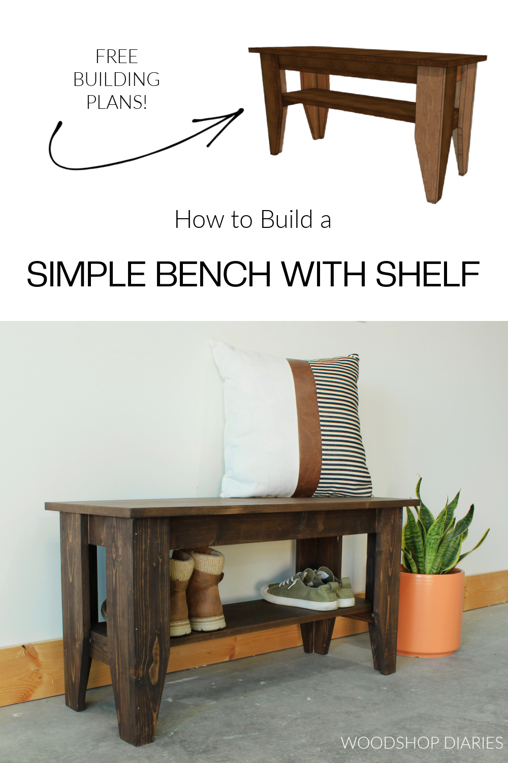 Pinterest collage image showing computer diagram drawing of completed bench at top and real life image of completed bench at bottom with text "how to build a simple bench with shelf"