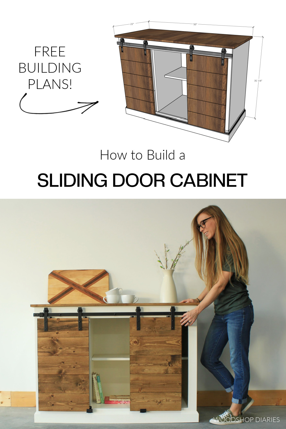 Pinterest collage image showing overall dimensional diagram at top and Shara Woodshop Diaries with sliding door cabinet at bottom with text "How to build a sliding door cabinet"
