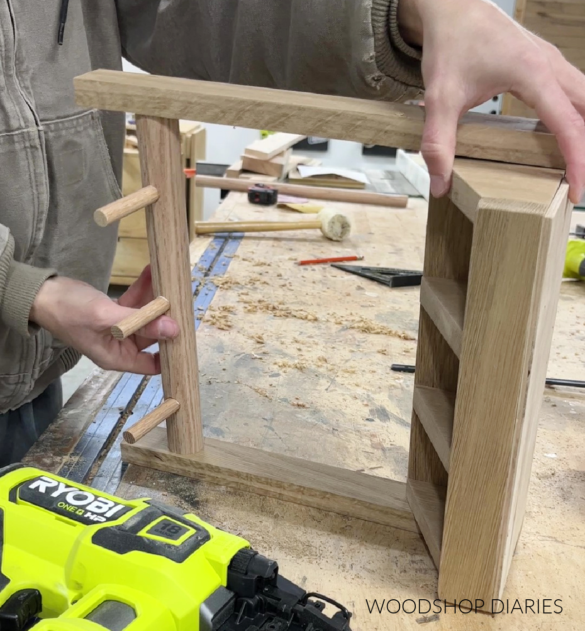 Assembling tea box organizer sides on workbench