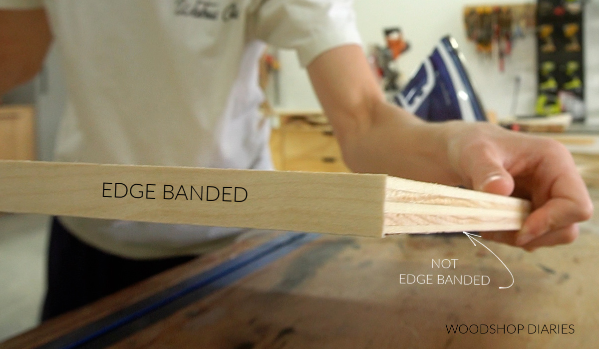 Close up of edge banded vs not edge banded piece of plywood