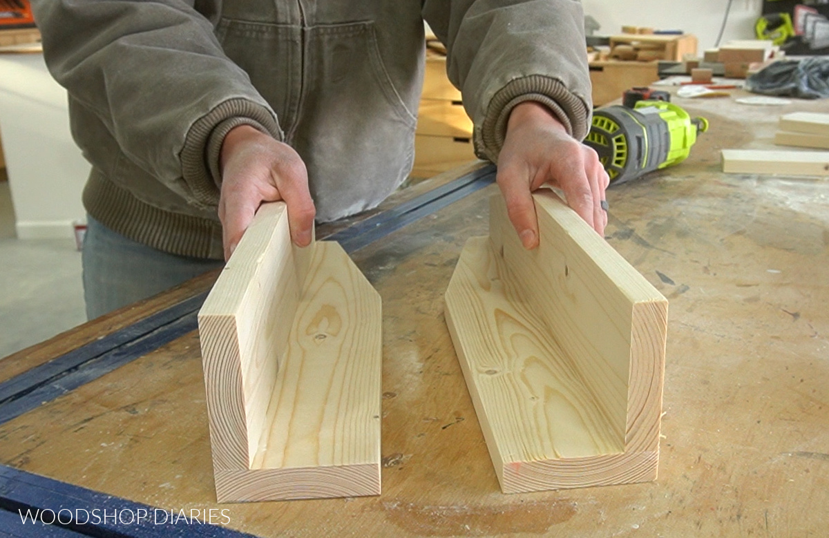 Shara Woodshop Diaries showing two bench legs mirrored each other on workbench