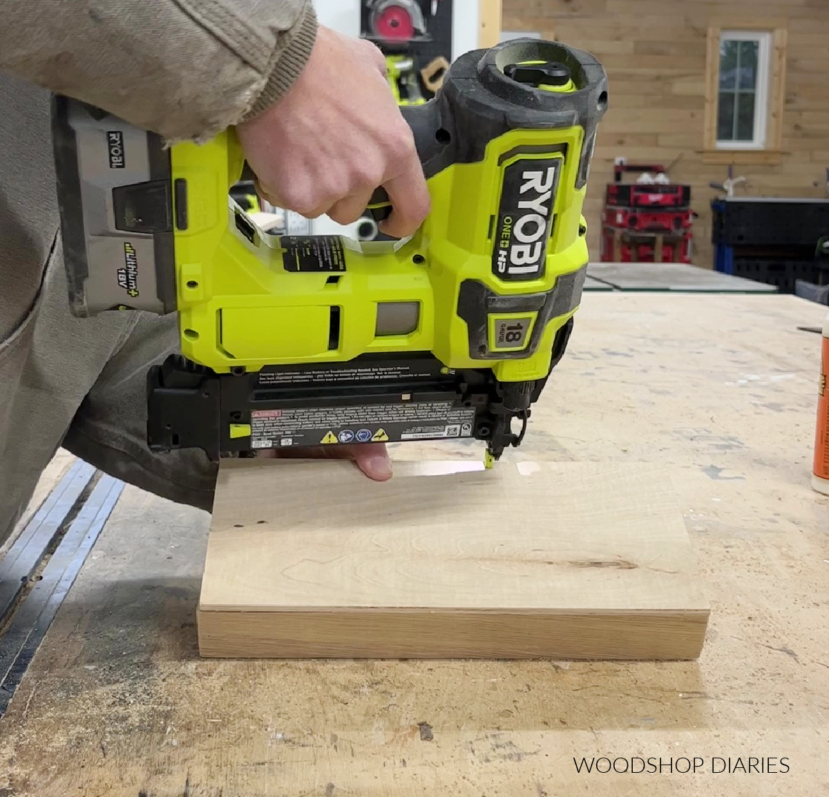 Shara Woodshop Diaries using brad nailer to attach bottom panel to tea box