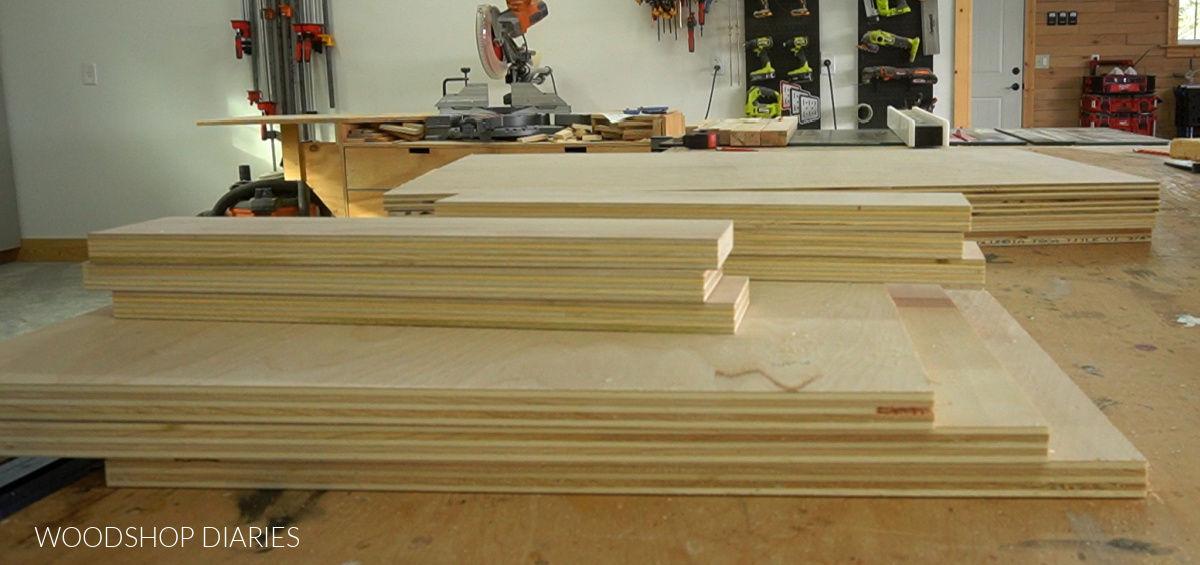 Plywood pieces trimmed to size and laying on workbench for sliding door cabinet body