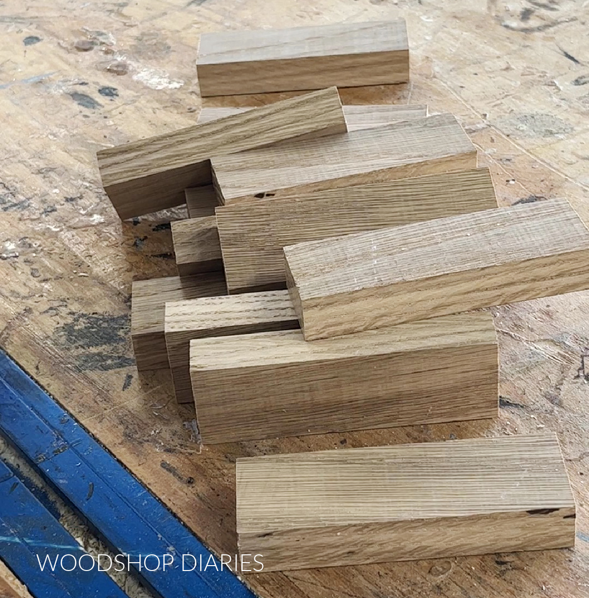 Oak blocks cut to length to assemble simple wooden drink coasters